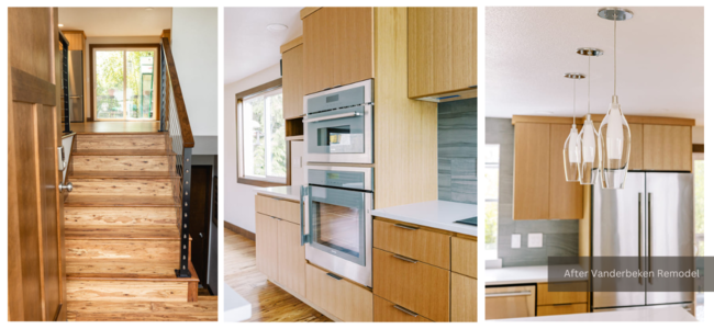 Stairs with new cable railing, built in oven and microwave, mini pendant lights over large kitchen island, VanderBeken Remodel, Lynnwood, WA 2023