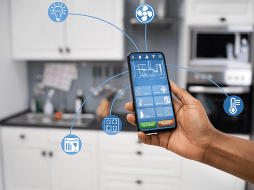 integrated home tech in both kitchen and bath