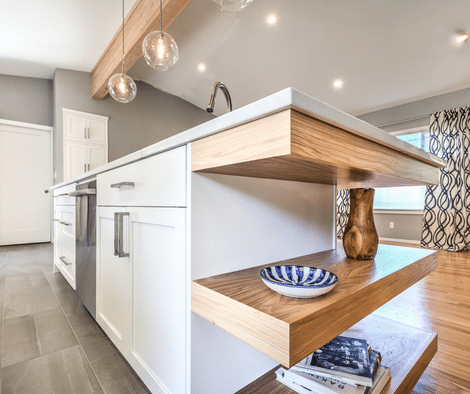 exposed shelves on kitchen island