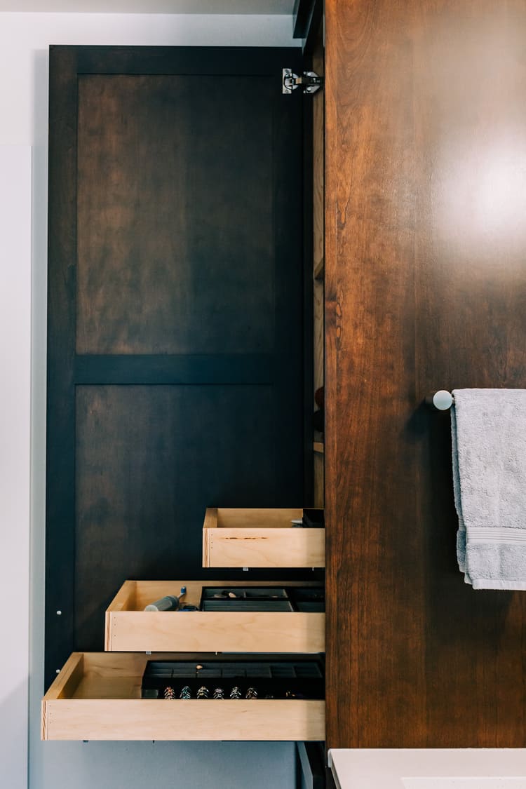 Cabinet with drawers, Snohomish Bathroom, VanderBeken Remodel, 2020